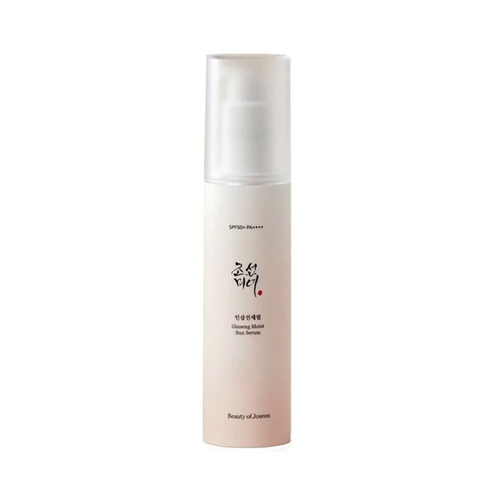 A bottle of Ginseng Moist Sun Serum with a white pump dispenser. The label has Hangul (Korean script) text.