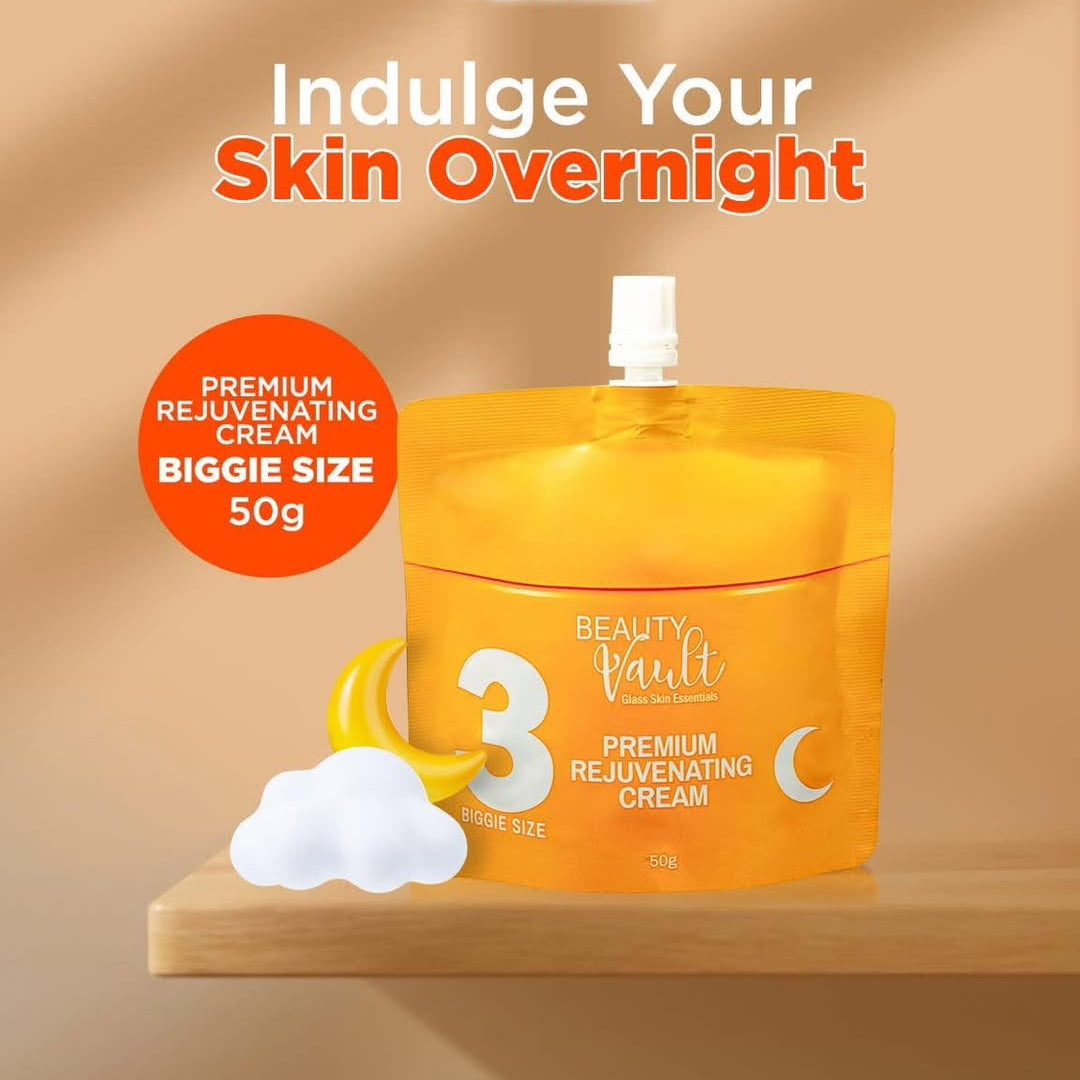Beauty Vault premium rejuvenating cream packaging with text on a beige background