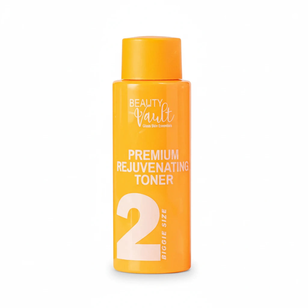 Orange bottle of Beauty Vault Premium Rejuvenating Toner on a white background