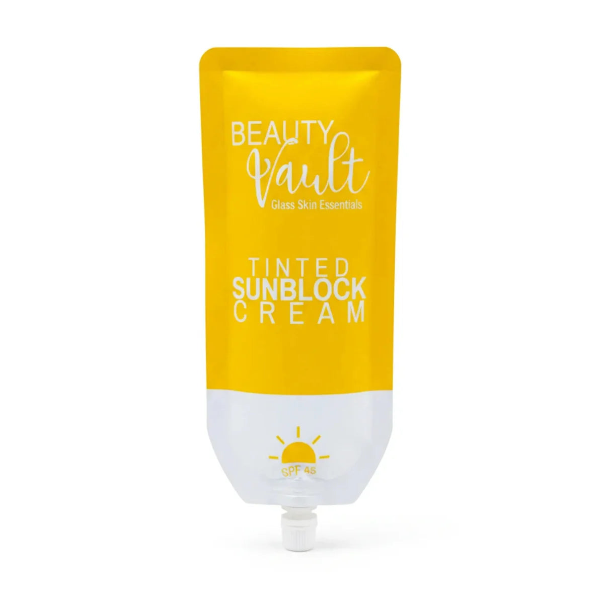 Yellow and white container of Beauty Vault Tinted Sunblock Cream on a white background