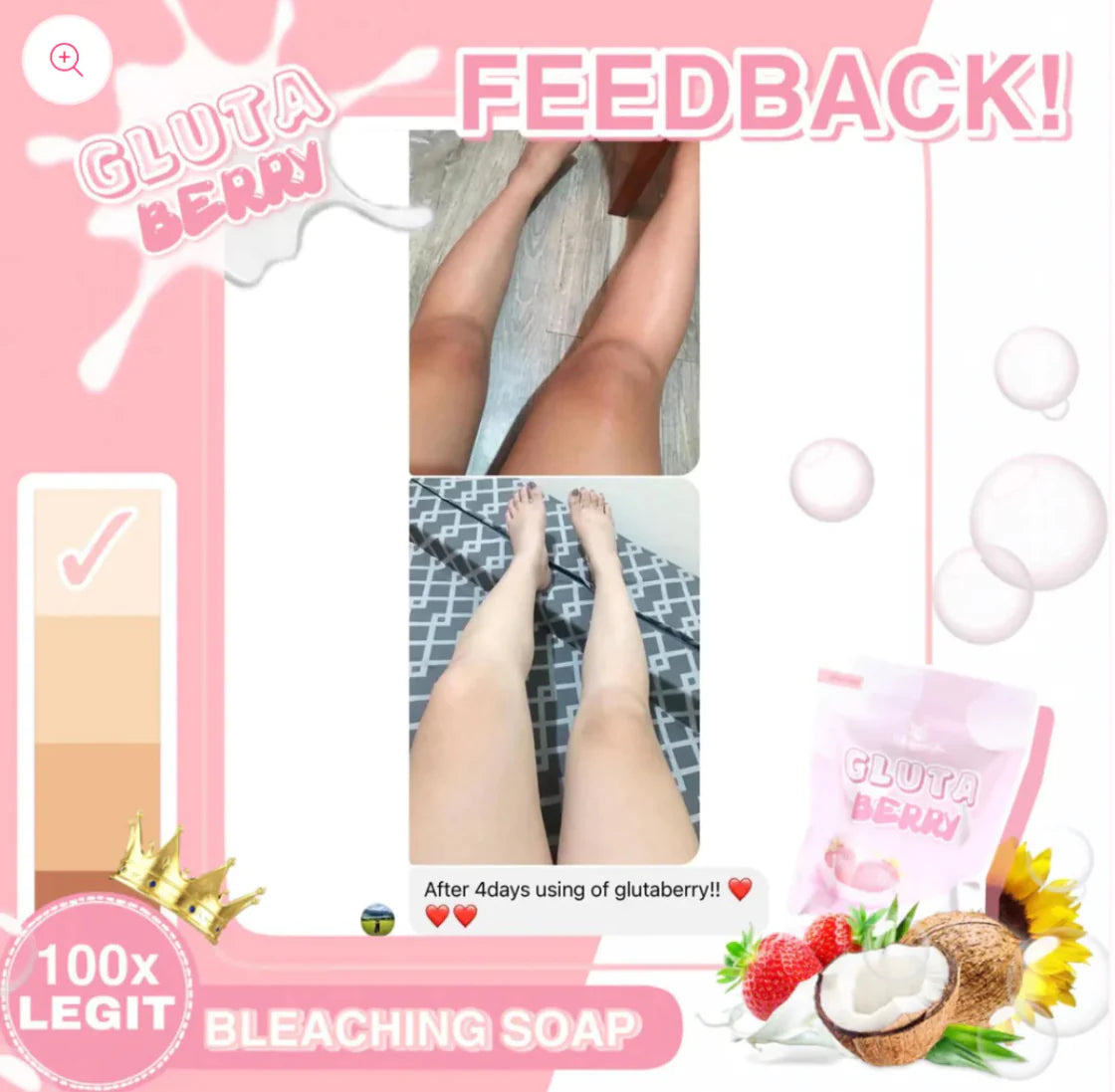Advertisement for Gluta Berry bleaching soap showing before and after effects on legs.