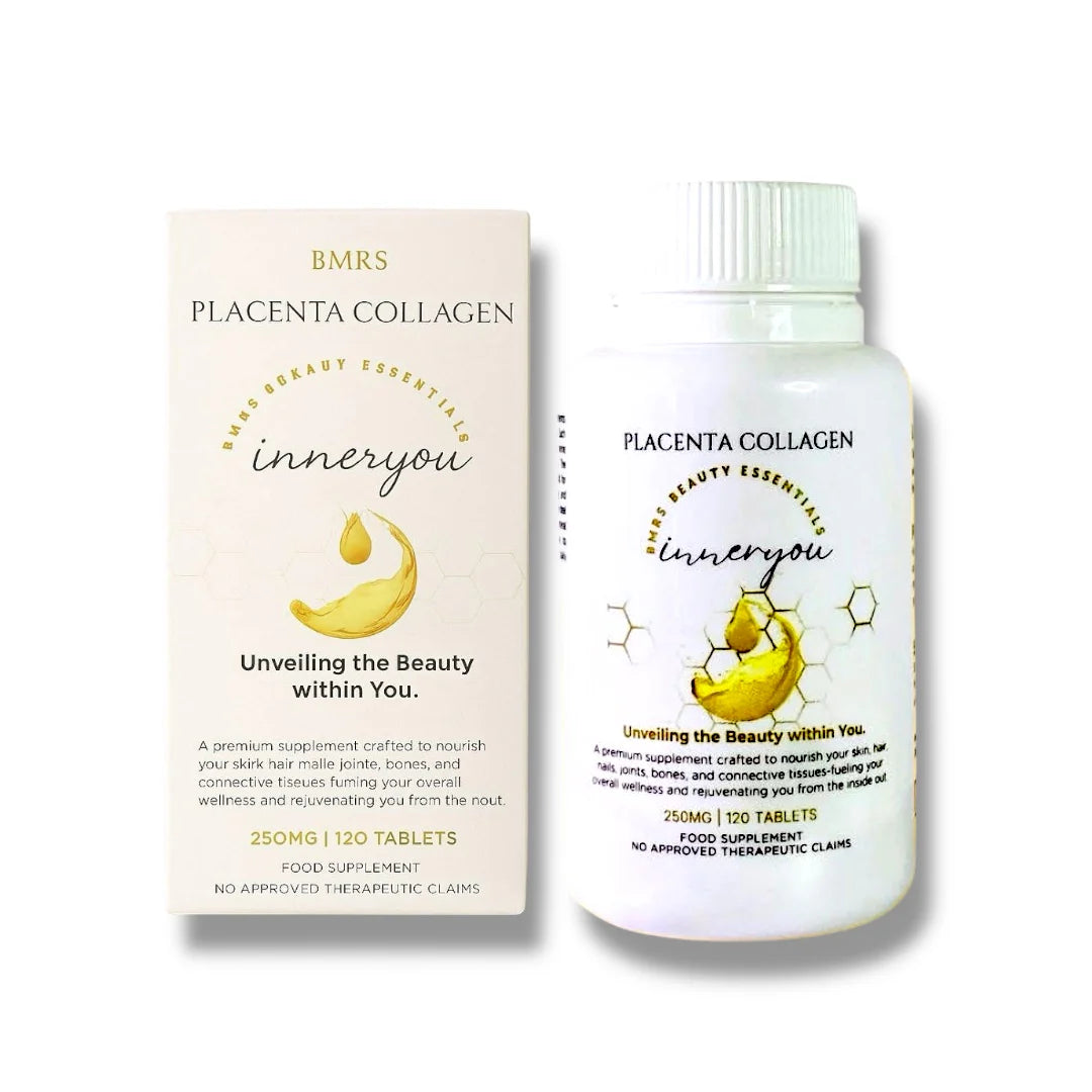 Placenta collagen supplement bottle and packaging on a white background