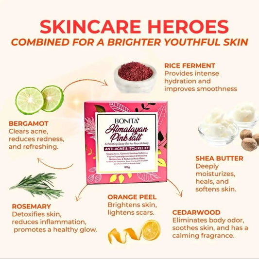 Skincare product with ingredients and benefits on a white background