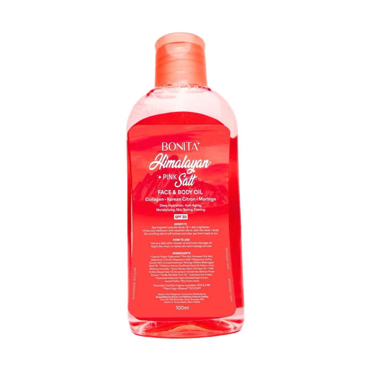 Bottle of Bonita Himalayan Pink Salt Face and Body Oil on a white background