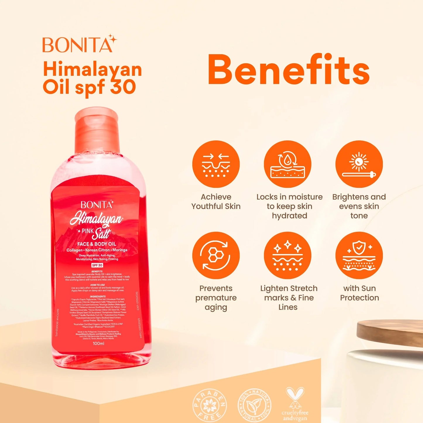 Bonita Himalayan Oil SPF 30 bottle with benefits listed on a beige background