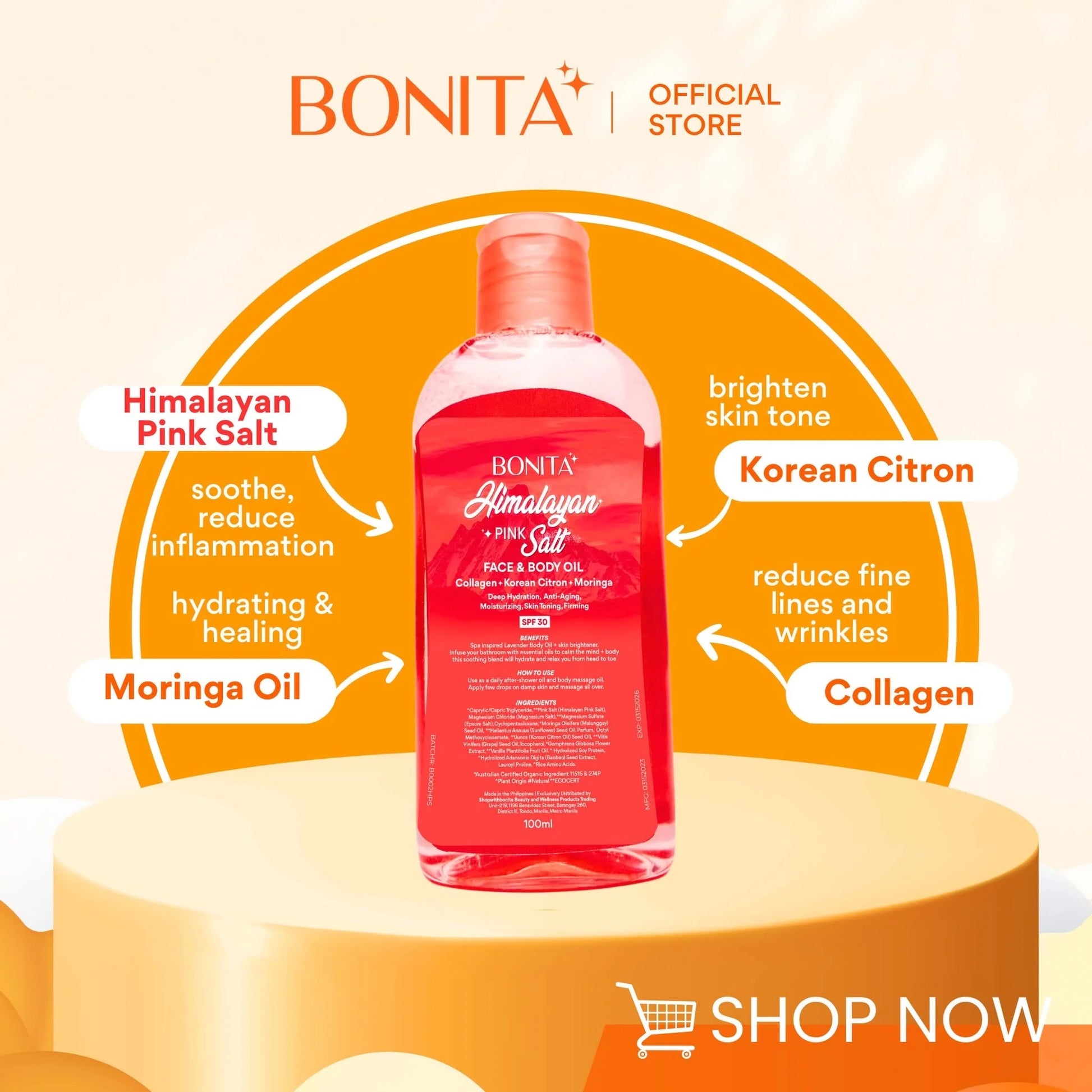 Bonita Himalayan Pink Salt bottle on a white background with product features highlighted.