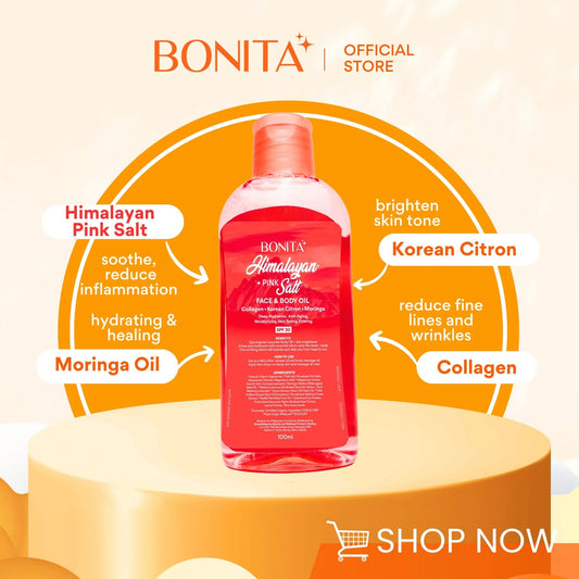 Bonita Himalayan Pink Salt bottle on a white background with product features highlighted.