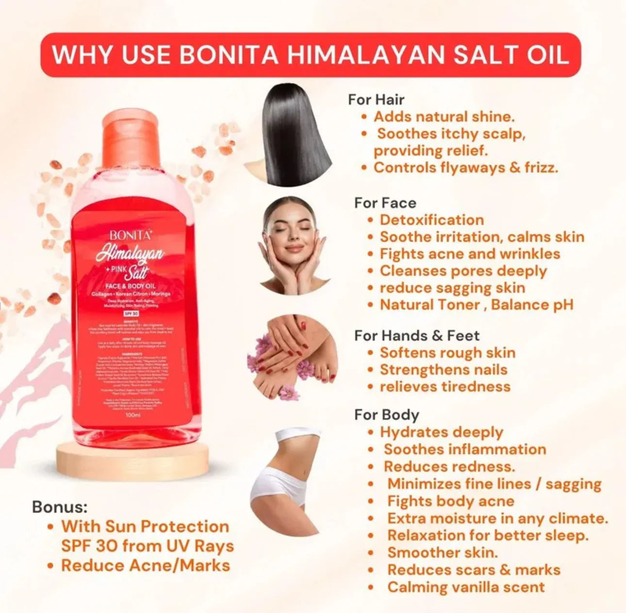 Bonita Himalayan Salt Oil product with benefits listed on a white background