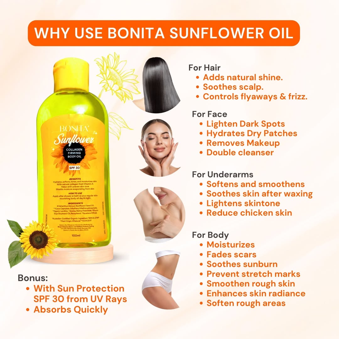 Bonita Sunflower Oil bottle with uses for hair, face, underarms, and body on a white background
