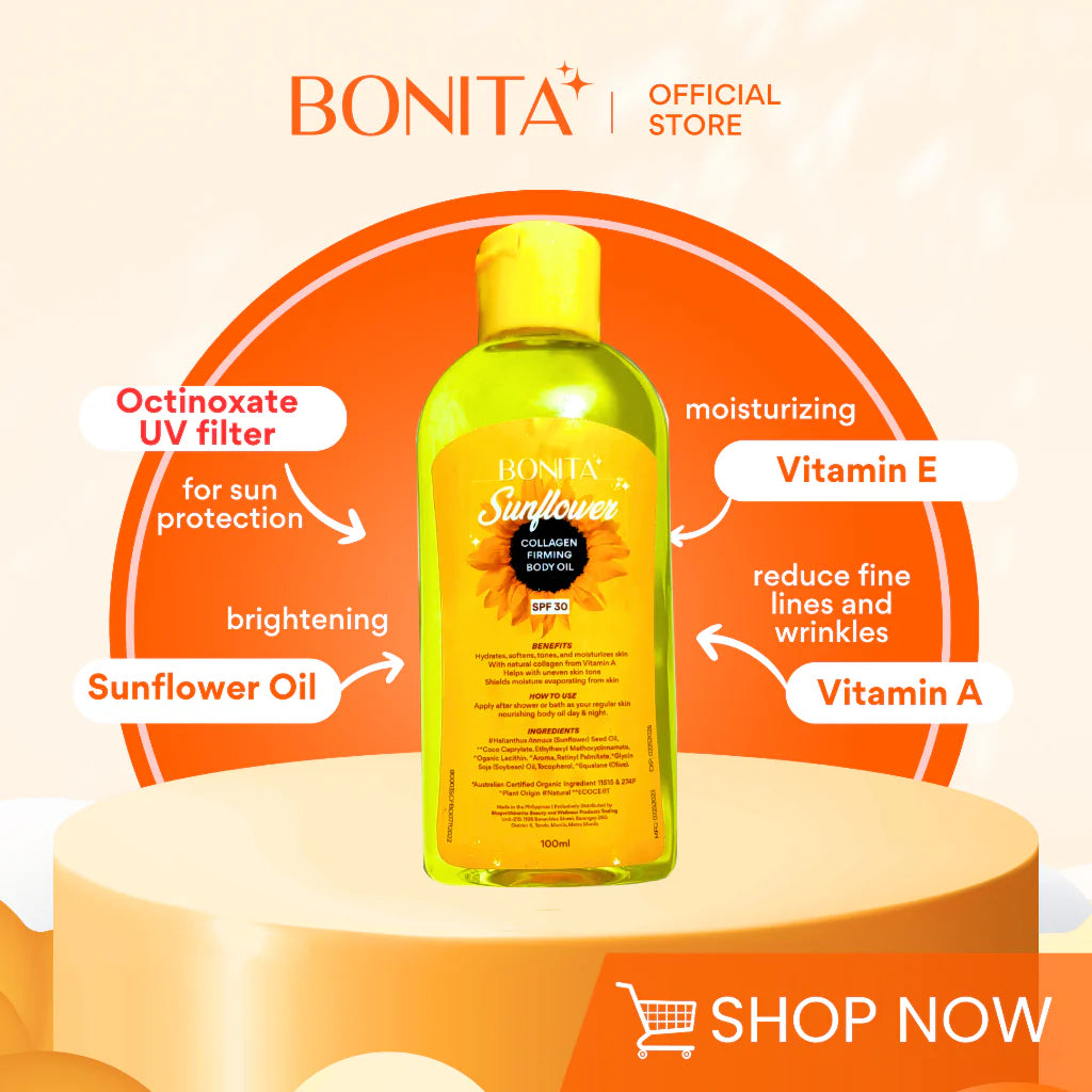 Bonita sunflower oil bottle with product features on a beige background