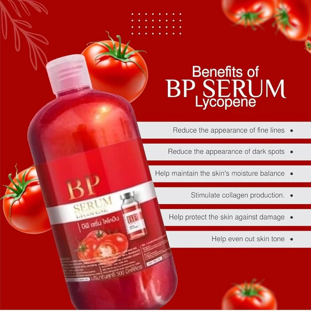 BP Serum Lycopene bottle with tomatoes on a red background