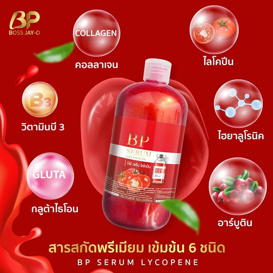 BP Serum Lycopene bottle with ingredients on a red background