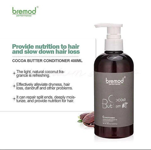 Bremad Cocoa Butter Conditioner bottle with product description on a white background