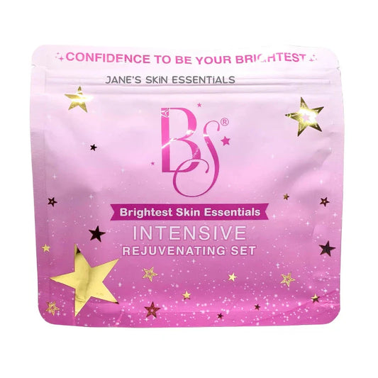 Pink packaging of Jane's Skin Essentials Intensive Rejuvenating Set with star designs on a white background.