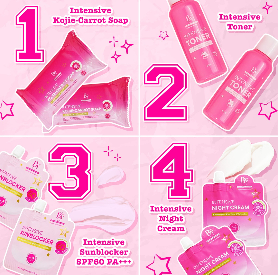 Collage of skincare products with pink packaging on a pink background