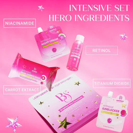 Cosmetic set with products and text on a pink background