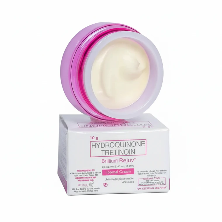 Hydroquinone retinoin cream in a pink container with its packaging on a white background