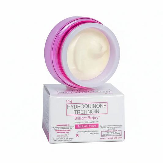 Hydroquinone retinoin cream in a pink container with its packaging on a white background