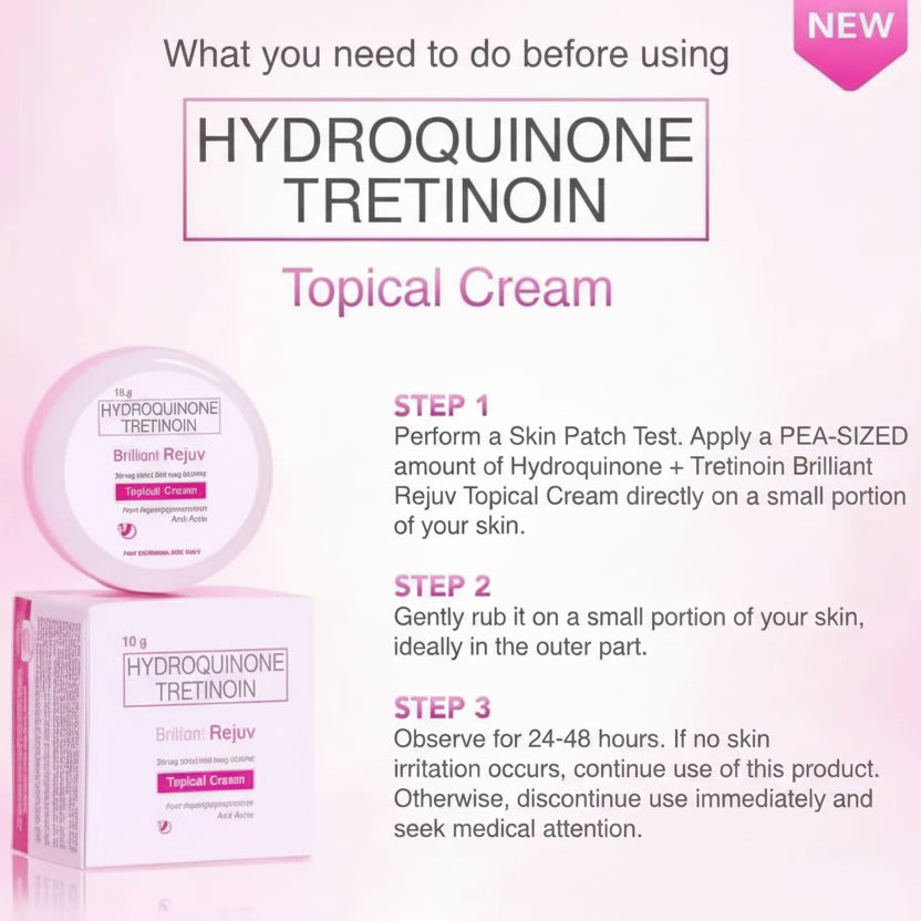 Hydroquinone Tretinoin topical cream packaging with usage instructions on a pink background