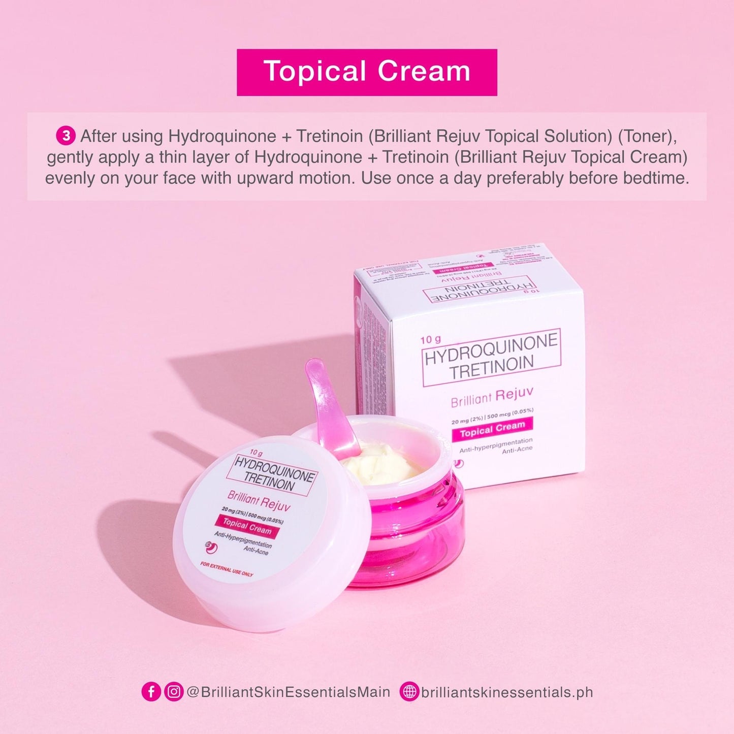 Hydroquinone + Tretinoin topical cream and packaging on a pink background