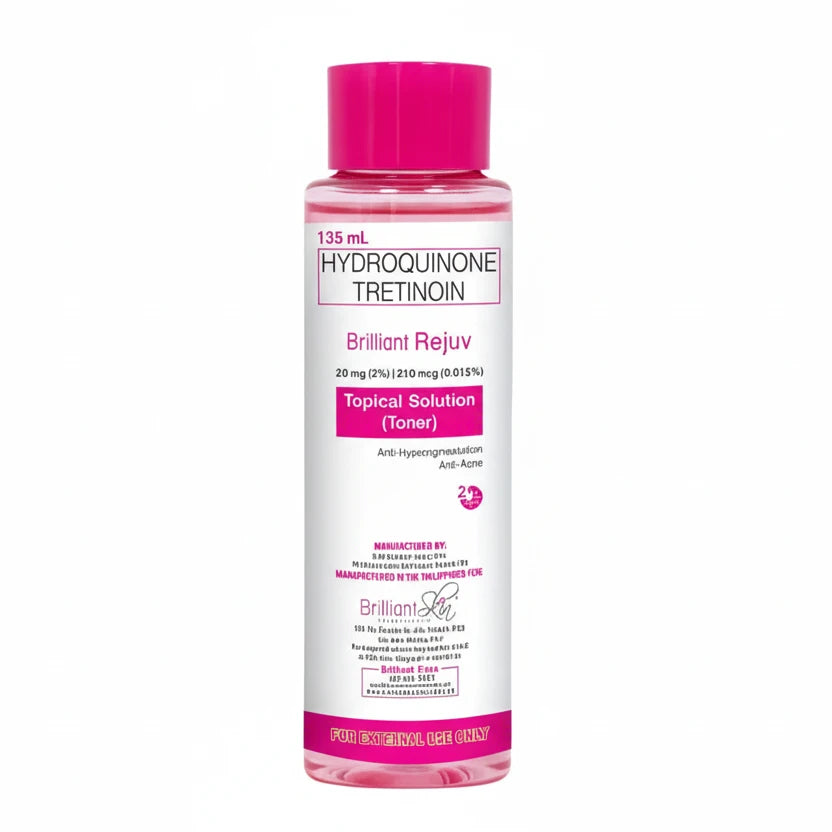 Bottle of Hydroquinone Tretinoin topical solution with pink cap on a white background