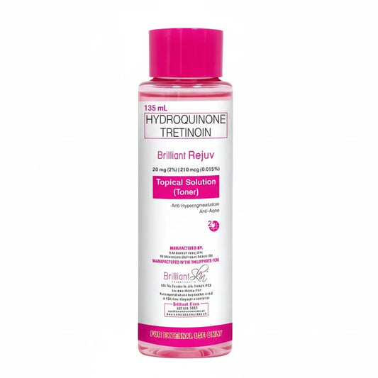Bottle of Hydroquinone Tretinoin topical solution with pink cap on a white background