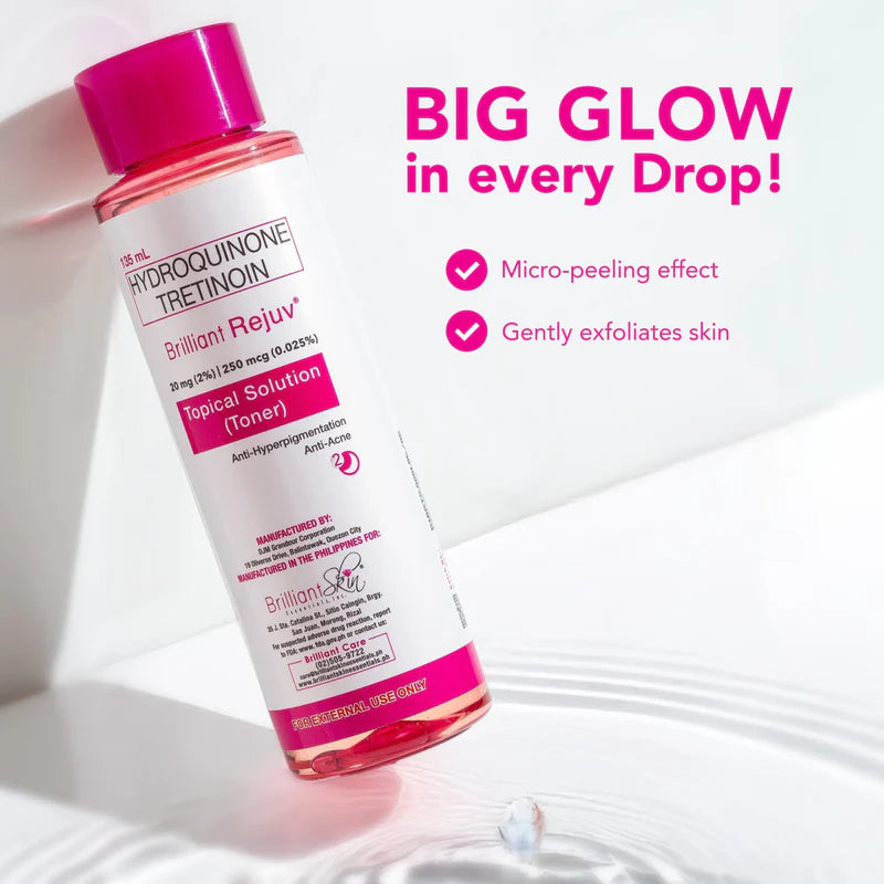 Bottle of Brilliant Rejuv Hydroquinone Tretinoin solution with pink cap on a white background