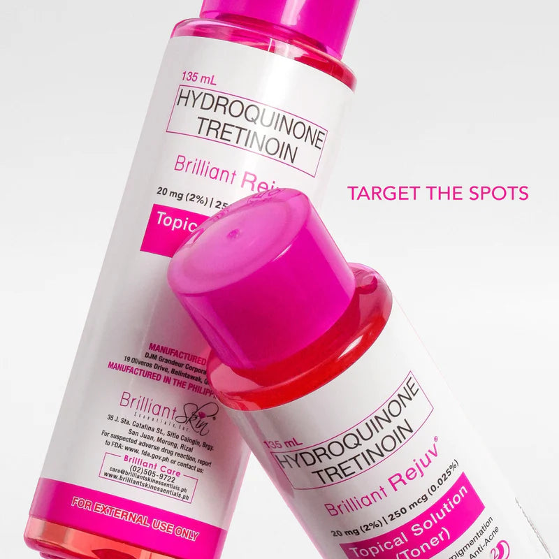 Two bottles of Hydroquinone Tretinoin topical solution with pink caps on a white background.