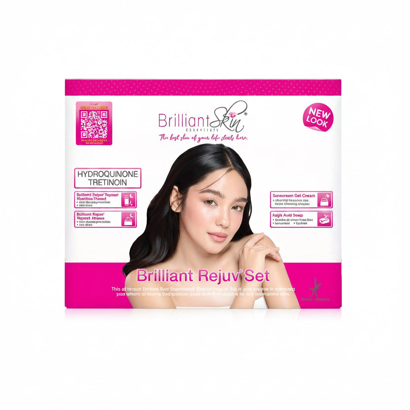 Brilliant Skin Rejuv set packaging with a woman's face on a pink background