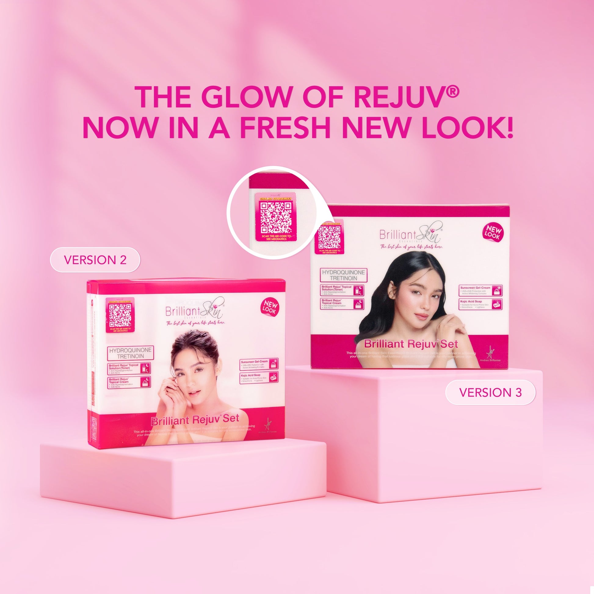 Product packaging with 'The Glow of Rejuv' text on a pink background