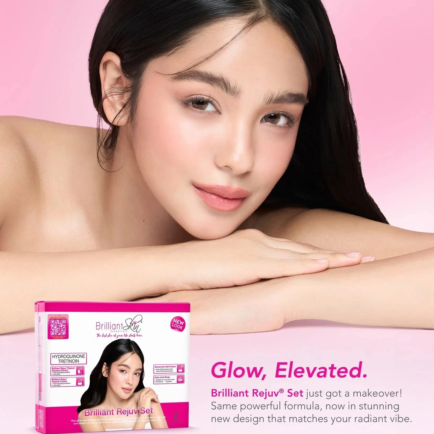Woman with radiant skin leaning on a pink background with a product box.