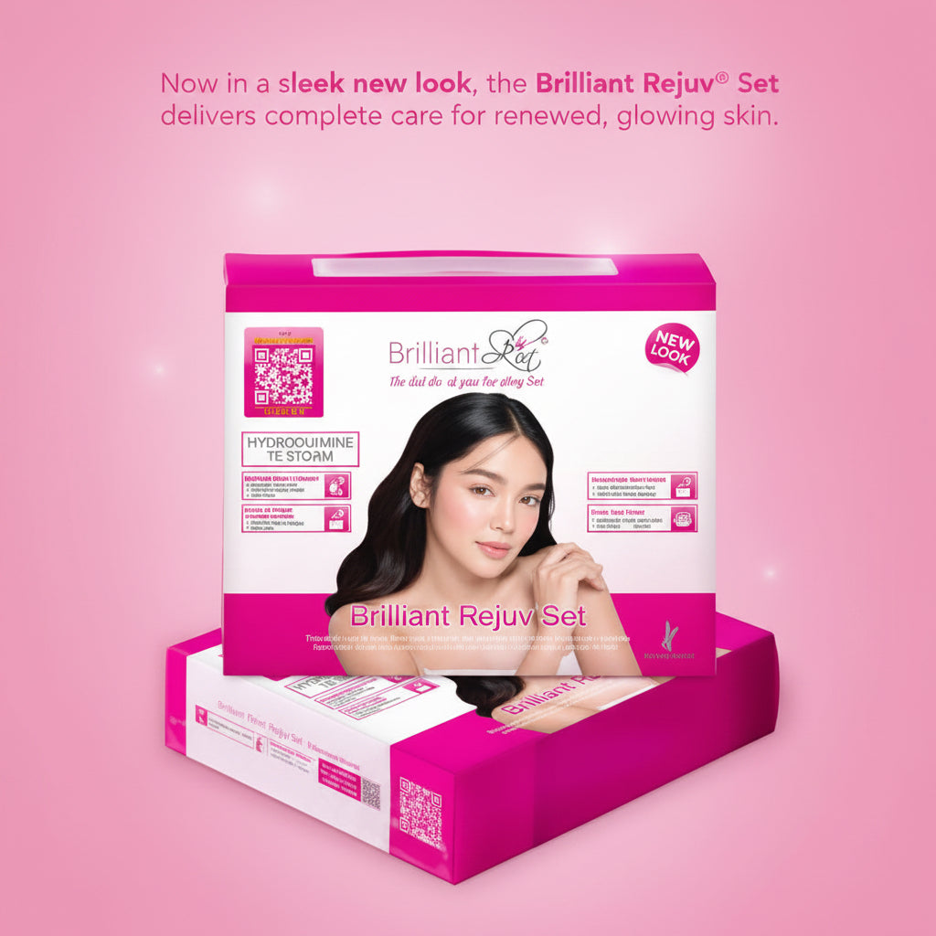 Brilliant Rejuv skincare set packaging on a pink background