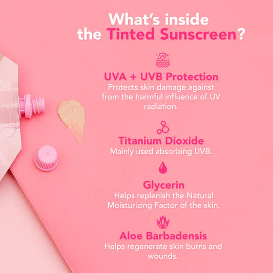 Promotional image of a tinted sunscreen product, highlighting its benefits such as UVA and UVB protection, containing titanium dioxide, glycerin, and aloe barbadensis, with an open sunscreen bottle and a pink background.