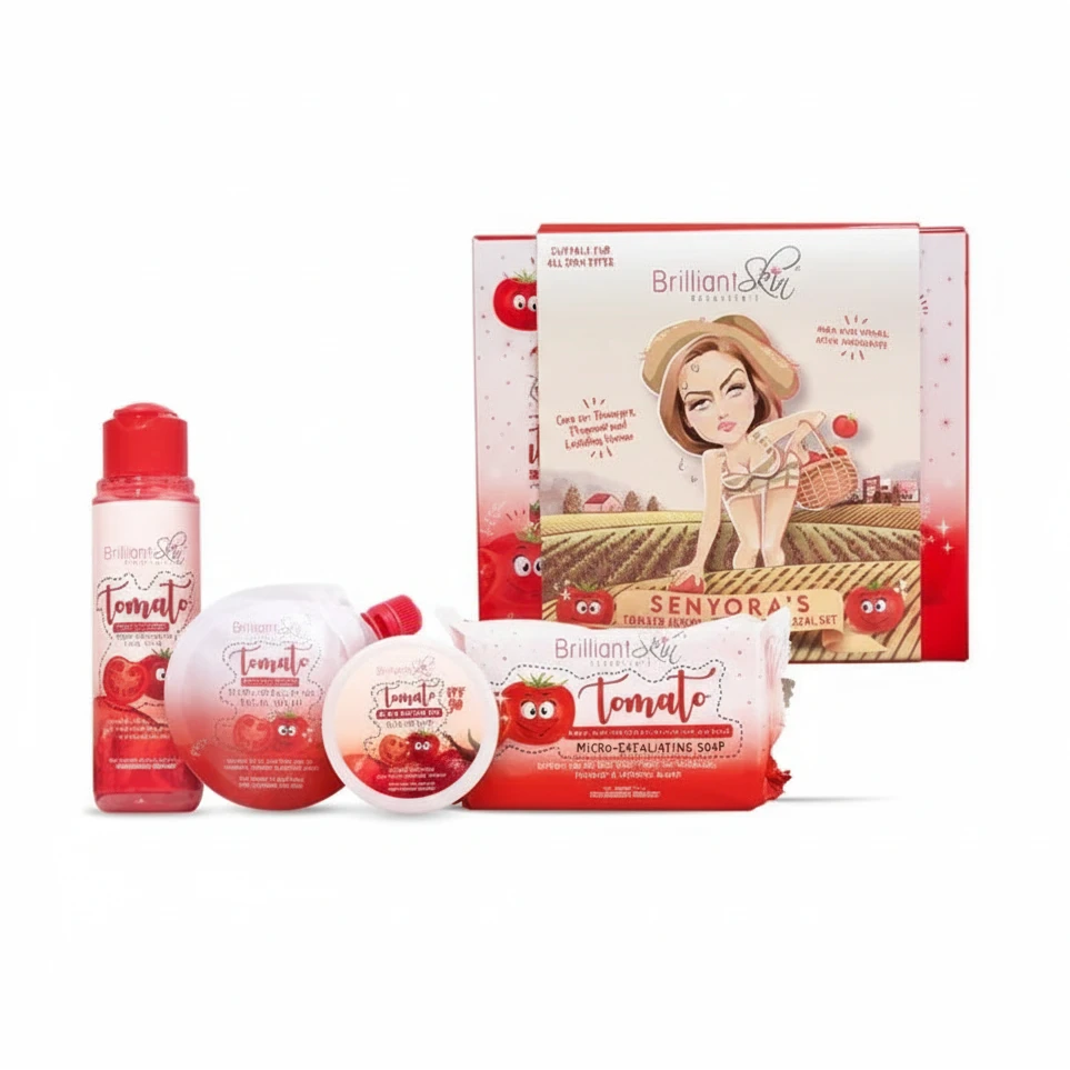 Collection of 'Brilliant Skin Tomato' skincare products including a box, bottle, and bar on a white background.