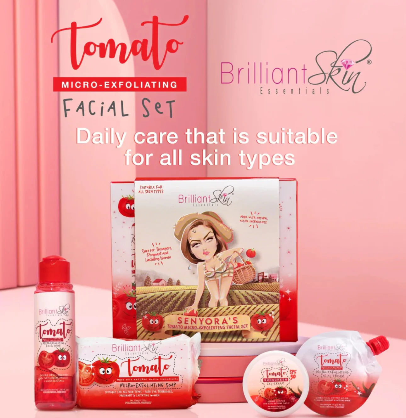Brilliant Skin Tomato micro-exfoliating facial set on a pink background