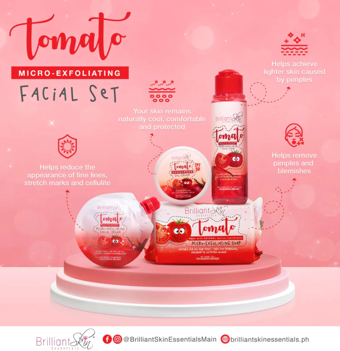 Tomato micro-exfoliating facial set on a pink background with product details.