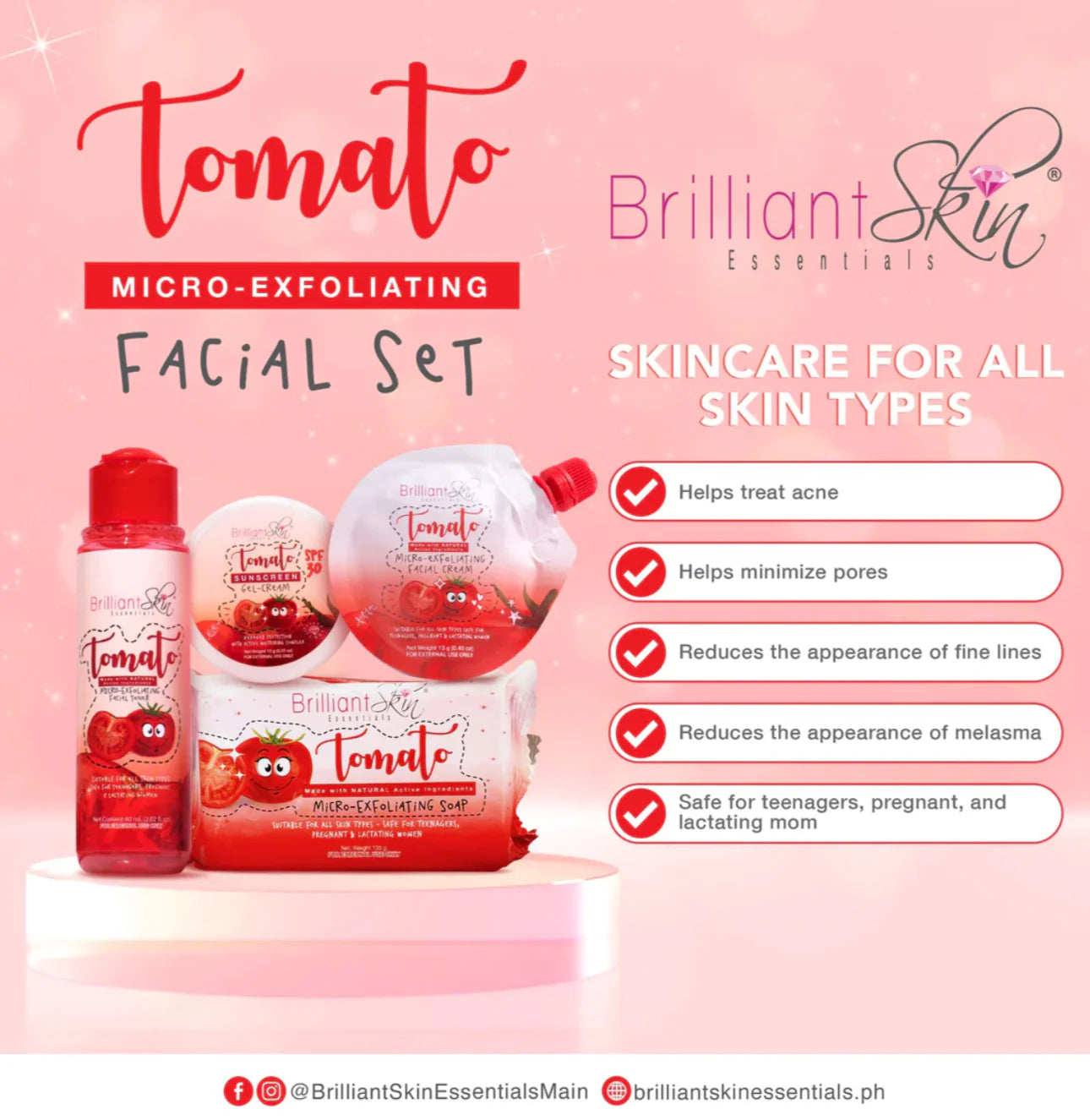 Tomato micro-exfoliating facial set with product packaging on a pink background, featuring the Brilliant Skin brand.