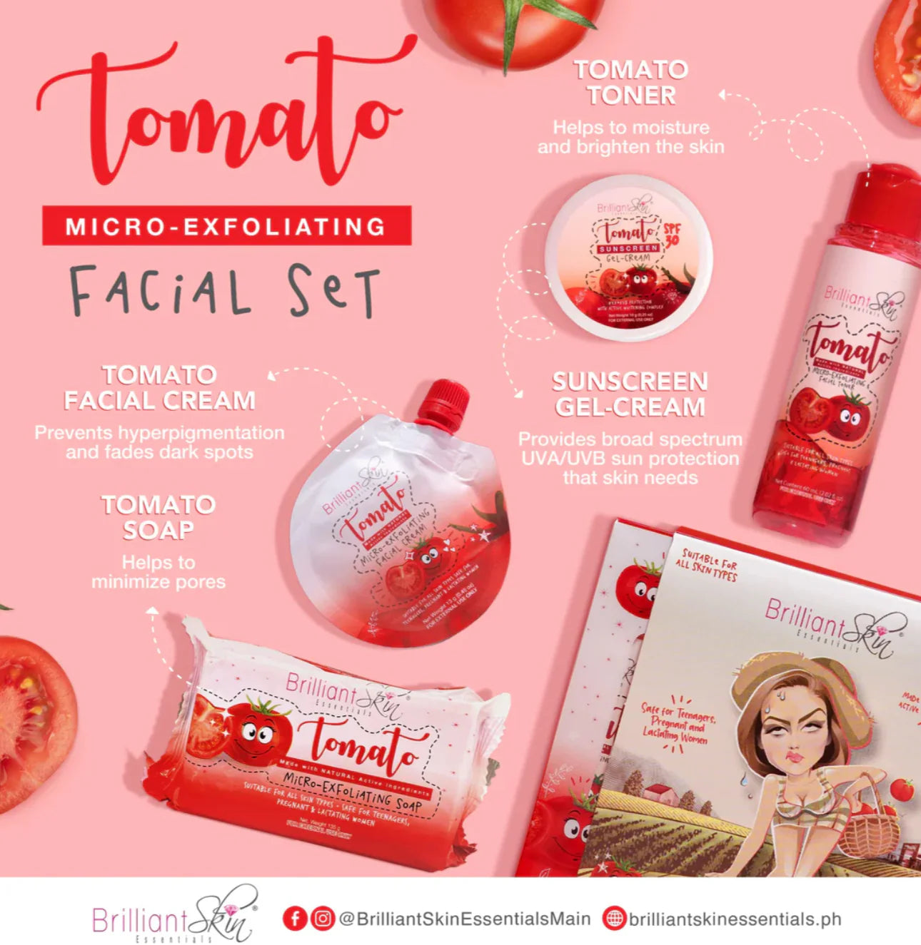 Tomato-based facial care product set on a pink background with product names and benefits displayed.