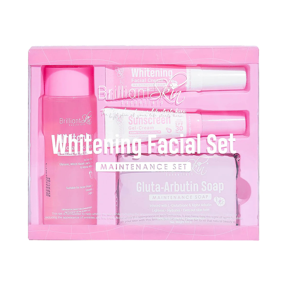 A pink-colored whitening facial set including various skincare products in a clear plastic packaging, labeled for enhancing skin tone and reducing blemishes.