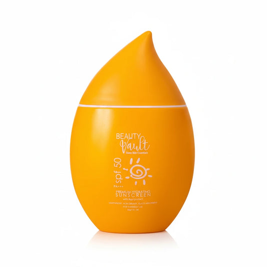 Orange bottle of Beauty Vault sunscreen with SPF 50 on a white background
