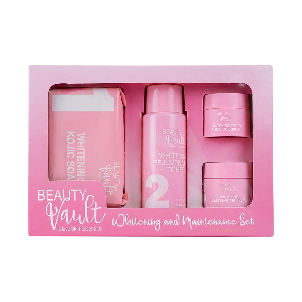 Pink skincare product set in a box labeled 'Beauty Vault'.