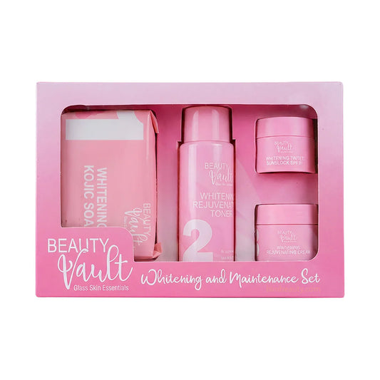 Pink skincare product set in a box labeled 'Beauty Vault'.