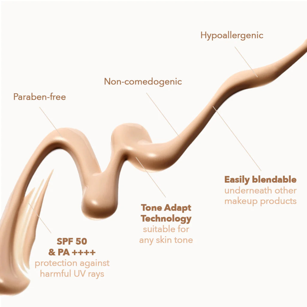 Foundation swatch with text highlighting features on a white background