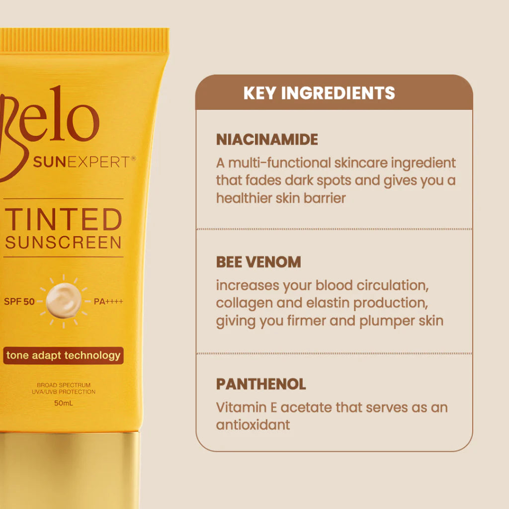 Belo SunExpert Tinted Sunscreen packaging with key ingredients listed on a beige background