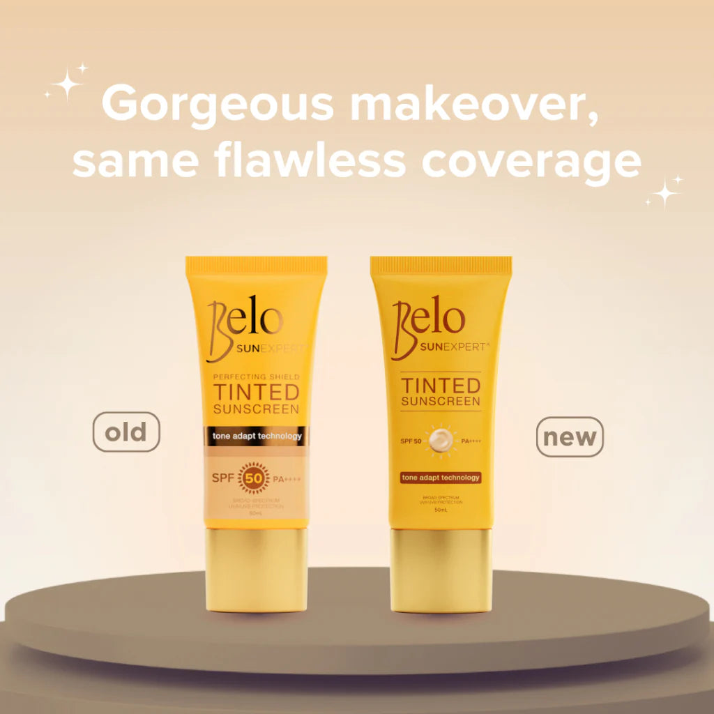 Two bottles of Belo Sunscreen on a beige background with text about a 'Gorgeous makeover, same flawless coverage'.