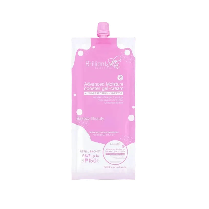 Pink and white container of Advanced Moisture Booster Gel-Cream by Brilliant Skin on a white background
