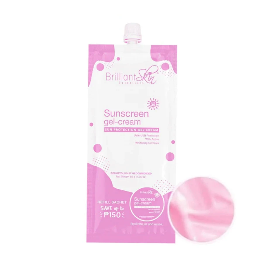 Sunscreen gel-cream packaging with pink and white design on a white background