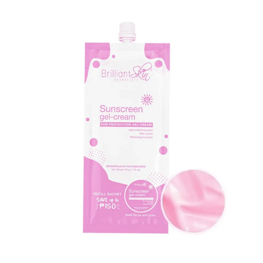 Sunscreen gel-cream packaging with pink and white design on a white background