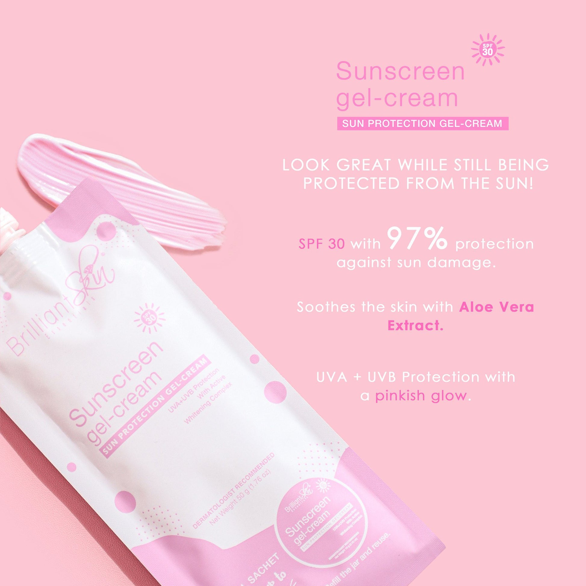 Sunscreen gel-cream packaging with product details on a pink background