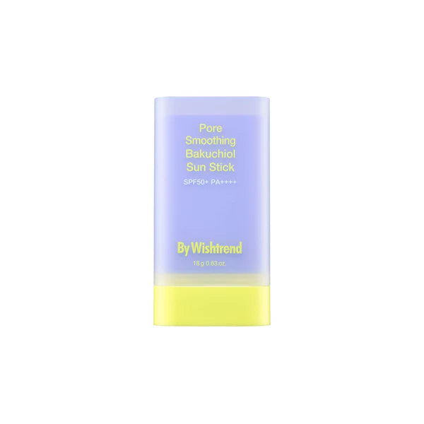 A By Wishtrend pore smoothing bakuchiol sun stick packaging, predominantly purple and yellow with text and branding.